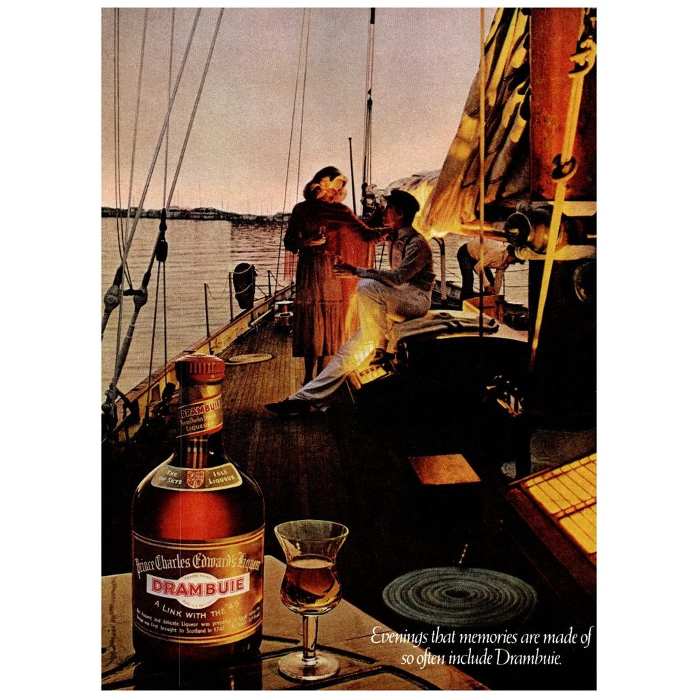 1979 Drambuie Liqueur Vintage Print Ad Couple Sailboat Sailing Rigging Wall Art